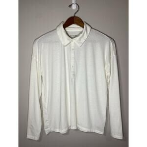 J.Crew Stretch Linen Top Womens S Ivory Relaxed Collared Long Sleeve Polo‎ Shirt